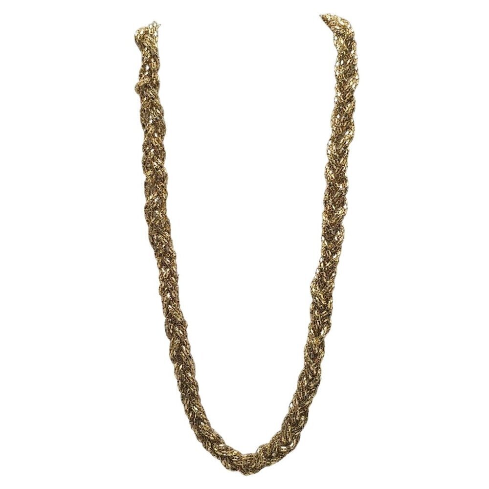 Gold Tone Metal Mesh Braided Chain Necklace With Adjustable Clasp Vintage